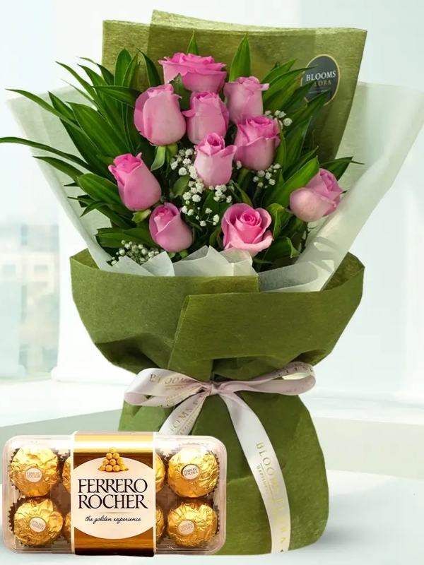 Antalya Florists - Pink Rose Bouquet + Ferrero Rocher Chocolate
